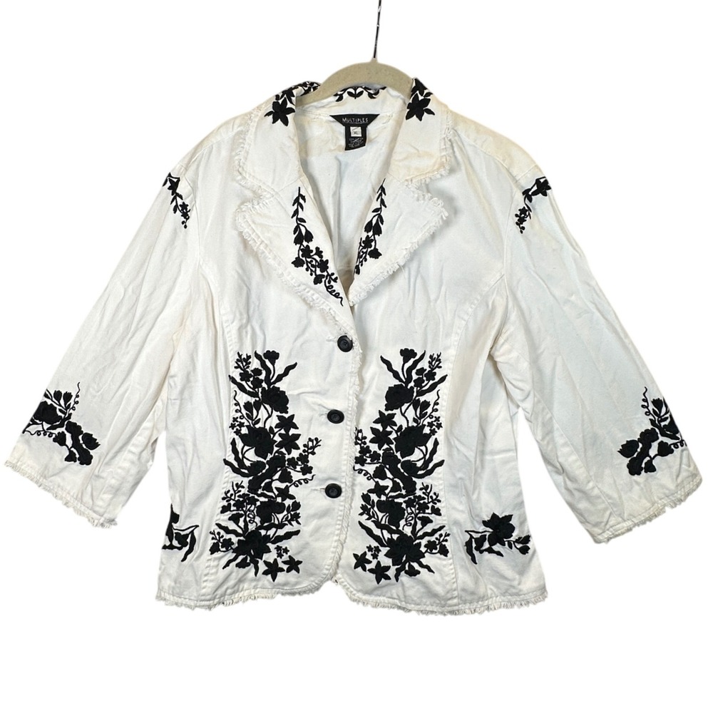 Multiples Womens XL White Black Floral Embroidered Cotton Raw Hem Jacket Blazer